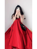A Line Spaghetti Straps Red Backless Ruffles Long Prom Dresses Birthday Outfits SD510