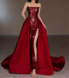 Sheath Strapless Burgundy Sleeveless Long Party Dress Sequin Prom Dresses SD1460