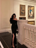 Sheath Off The Shoulder Black Slit Long Sleeves Prom Dresses Birthday Outfits SD405