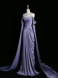 A Line Off The Shoulder Light Grape Satin Prom Dresses Long Evening Gown Formal Party Dress SD1361