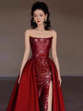 Mermaid Strapless Burgundy Floor Length Evening Dress Sequin Prom Dresses S3801