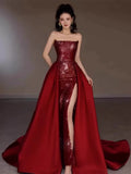 Mermaid Strapless Burgundy Floor Length Evening Dress Sequin Prom Dresses S3801