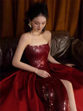 Mermaid Strapless Burgundy Floor Length Evening Dress Sequin Prom Dresses S3801