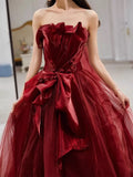 Ball Gown Strapless Burgundy Tulle Long Evening Gowns Prom Dresses S3802
