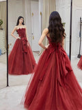 Ball Gown Strapless Burgundy Tulle Long Evening Gowns Prom Dresses S3802