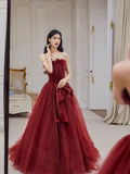 Ball Gown Strapless Burgundy Tulle Long Evening Gowns Prom Dresses S3802