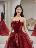Ball Gown Strapless Burgundy Tulle Long Evening Gowns Prom Dresses S3802