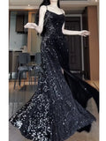 Mermaid Spaghetti Straps Sequin Black Long Prom Dresses S3803