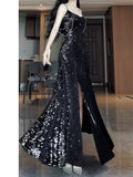 Mermaid Spaghetti Straps Sequin Black Long Prom Dresses S3803