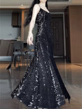Mermaid Spaghetti Straps Sequin Black Long Prom Dresses S3803