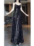 Mermaid Spaghetti Straps Sequin Black Long Prom Dresses S3803