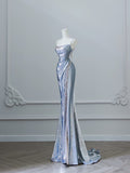 Mermaid Spaghetti Straps Silver Sequin Long Prom Dresses S3808