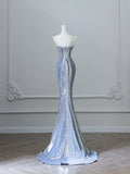 Mermaid Spaghetti Straps Silver Sequin Long Prom Dresses S3808