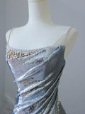 Mermaid Spaghetti Straps Silver Sequin Long Prom Dresses S3808