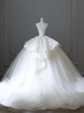 Ball Gown Strapless White Lace Satin Long Wedding Dresses Brides Dress S3809