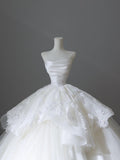 Ball Gown Strapless White Lace Satin Long Wedding Dresses Brides Dress S3809