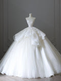 Ball Gown Strapless White Lace Satin Long Wedding Dresses Brides Dress S3809