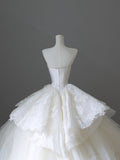 Ball Gown Strapless White Lace Satin Long Wedding Dresses Brides Dress S3809