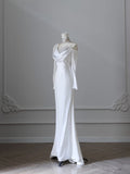 Mermaid High Neck Sequin White Satin Wedding Dresses S3810