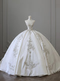 Ball Gown Strapless White Lace Satin Long Wedding Dresses Brides Dress S3811