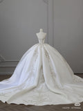 Ball Gown Strapless White Lace Satin Long Wedding Dresses Brides Dress S3811