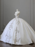 Ball Gown Strapless White Lace Satin Long Wedding Dresses Brides Dress S3811