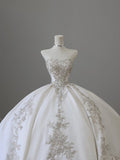 Ball Gown Strapless White Lace Satin Long Wedding Dresses Brides Dress S3811