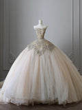 Ball Gown Strapless Tulle Champagne Long Wedding Dresses Brides Dress S3812