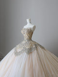 Ball Gown Strapless Tulle Champagne Long Wedding Dresses Brides Dress S3812