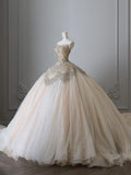 Ball Gown Strapless Tulle Champagne Long Wedding Dresses Brides Dress S3812