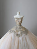 Ball Gown Strapless Tulle Champagne Long Wedding Dresses Brides Dress S3812
