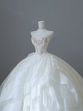 Ball Gown Strapless Tulle White Long Wedding Dresses Brides Dress S3814