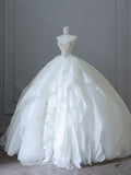 Ball Gown Strapless Tulle White Long Wedding Dresses Brides Dress S3814