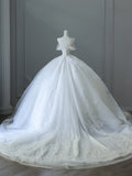 Ball Gown Strapless Tulle White Long Off The Shoulder Wedding Dresses Brides Dress S3815