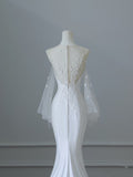 Mermaid Scoop Long Sleeves Lace Wedding Dresses White Brides Dress S3819