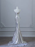 Mermaid Spaghetti Straps Silver Sequin Long Prom Dresses S3820