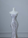 Mermaid Spaghetti Straps Silver Sequin Long Prom Dresses S3820