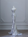 Mermaid Spaghetti Straps Silver Sequin Long Prom Dresses S3820