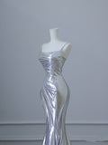 Mermaid Spaghetti Straps Silver Sequin Long Prom Dresses S3820