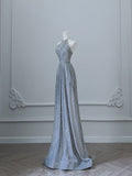 A Line Scoop Neckline Silver Sequin Long Prom Dresses Evening Gowns S3821