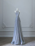 A Line Scoop Neckline Silver Sequin Long Prom Dresses Evening Gowns S3821
