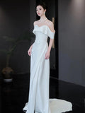 Mermaid Off The Shoulder White Long Wedding Dresses With Short Sleeves Brides Dress S3822