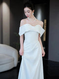 Mermaid Off The Shoulder White Long Wedding Dresses With Short Sleeves Brides Dress S3822