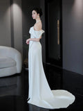Mermaid Off The Shoulder White Long Wedding Dresses With Short Sleeves Brides Dress S3822