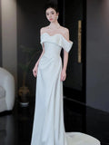 Mermaid Off The Shoulder White Long Wedding Dresses With Short Sleeves Brides Dress S3822
