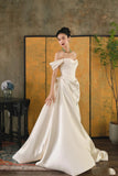 Mermaid Off The Shoulder Ivory Long Wedding Dresses With Short Sleeves Brides Dress S3824