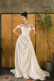 Mermaid Off The Shoulder Ivory Long Wedding Dresses With Short Sleeves Brides Dress S3824