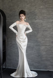 Mermaid Off The Shoulder Long Sleeves Wedding Dresses Ivory Brides Dress S3826