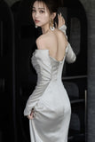 Mermaid Off The Shoulder Long Sleeves Wedding Dresses Ivory Brides Dress S3826