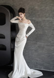 Mermaid Off The Shoulder Long Sleeves Wedding Dresses Ivory Brides Dress S3826